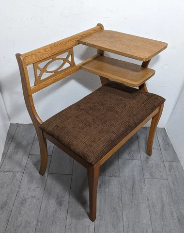 Vintage/Antique Rustic Oak Wood Gossip Bench Telephone Table Desk Mid Century Cover
