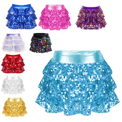 UK Girls Sequin Tiered Ruffle Dance Skirt Elastic Waist Mini Skirts Dancewears - Image 1 of 3