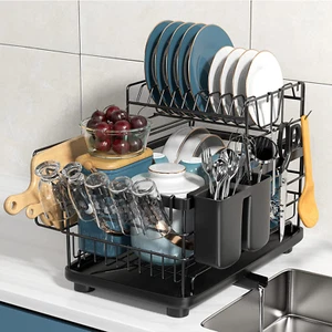 Aonee 2 Tier Dish Drying Rack with Drainboard, Cutlery Holder, Cutting-Board/ Cu - Picture 1 of 12