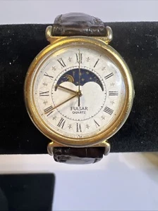 Vtg Pulsar Moon Phase Watch Women 26mm Gold Tone With Debeer Band New Battery - Picture 1 of 7