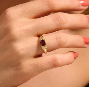 Natural Garnet Ring Oval Cut Gemstone Ring 925 Sterling Silver Gold Plated Ring - Picture 1 of 6