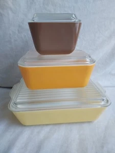 3 VINTAGE PYREX REFRIGERATOR DISHES OARNGE, YELLOW & BROWN GREAT CONDITION - Picture 1 of 19