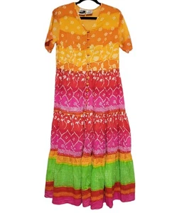Vintage PHOOL Indian Cotton Gauze Tie Dye Maxi Tier Dress Boho Colorful S Small - Picture 1 of 6