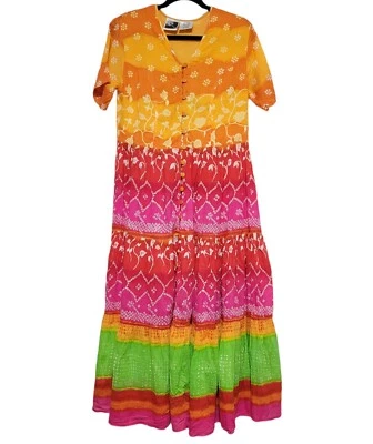 Vintage PHOOL Indian Cotton Gauze Tie Dye Maxi Tier Dress Boho Colorful S Small - Изображение 1 из 4