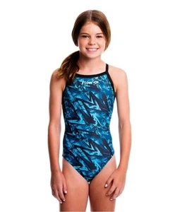 Flow Funky Swimsuit Girls Size 27 Derezzed Blue Black One Piece Swim Pool  - Picture 1 of 9