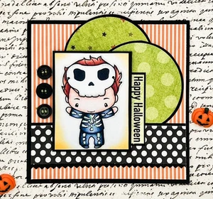 Tarjeta de felicitación de Halloween hecha a mano con botón estampado de niño esqueleto FELIZ HALLOWEEN - Imagen 1 de 2