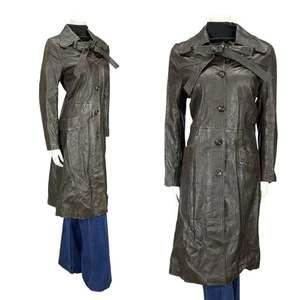 VTG 60S 70S MOD DOG EAR COLLAR BROWN LEATHER TRENCH MAC TIE WAIST BOW JACKET 12 - Picture 1 of 10
