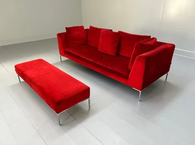 B&B Italia "Charles CH230" Sofa & "CH150P" Bench Ottoman - In Red Velvet - RR... - Image 1 of 4