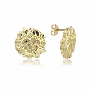 10K Solid Yellow Gold Round Nugget Stud Earrings - Dia Cut Women Men - Picture 1 of 11