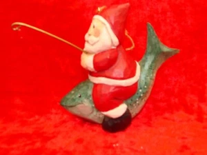 Santa Fishing While Riding A Fish Ornament ~ 3.75”x4.25”~Very Great Condition ~ - Picture 1 of 4