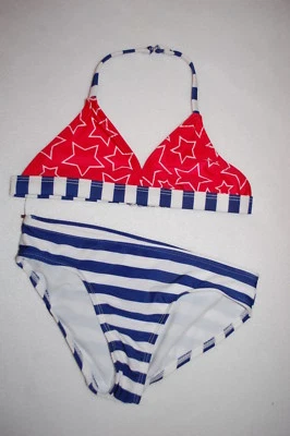 Girls Swimsuit 2 PC BIKINI SET Red White Blue STARS & STRIPES Patriotic S 6-6X - Image 1 of 2