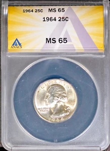 1964 25c Argento Washington Quarter MS 65 ANACS # 7603433 + Bonus - Foto 1 di 2