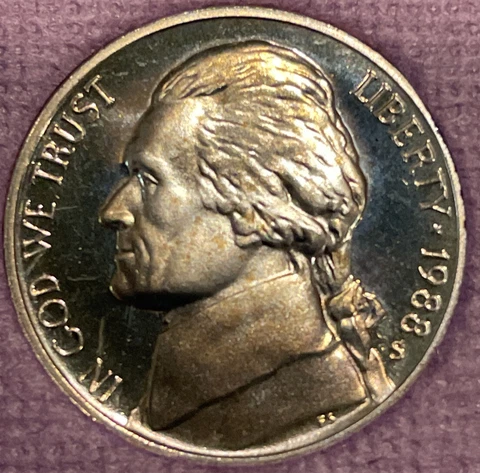 1988 S Proof Jefferson Nickel - Five Cent Coin from Proof Set Cover