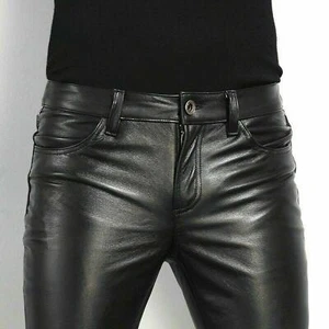 Men's Tight Leather Pants 80s Punk Rock Skinny Motorcycle Gothic Biker Trouser - Picture 1 of 16