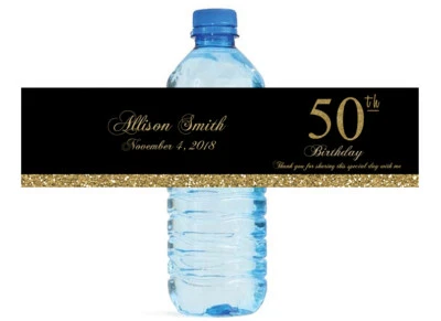 50th Birthday Black and Gold Glitter Water Bottle labels easy to use, self stick - Image 1 of 4