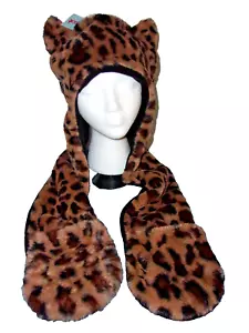 CAT & JACK FAUX LEOPARD FUR ONE PIECE HAT SCARF MITTENS ONE SIZE NWT - Picture 1 of 4