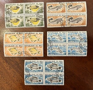 Mali: Complete set of 5 in blocks of 4 "Fish" used SC #234-238 Lot #SB-3097 - Picture 1 of 2