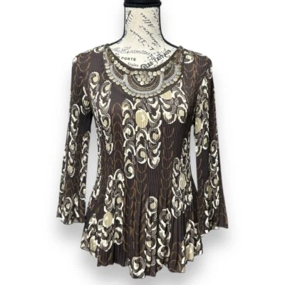 Blusa Larry Levine PS Marrón Plisada Cuello Metálico Boho Retro Artística Y2K Foto 1 de 4
