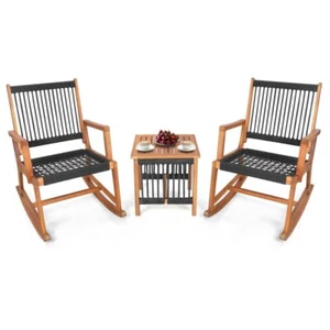 3Pcs Patio Acacia Wood Rocking Chair Bistro Set Armrest Chair Patio Coffee Table - Picture 1 of 14
