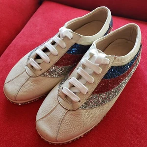 GUCCI 'Ace' Womens Falacer Bee Glitter Jewel Low Sneakers 37/US 7 in Natural ✅ - Picture 1 of 15