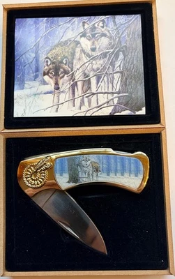Wolf Motif Folding Pocketknife In Wood Case (NIB) - Image 1 of 4