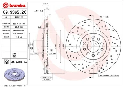 Disco de freno BREMBO 09.9365.2X para ALFA ROMEO Foto 1 de 3