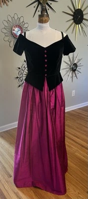 Vestido Formal De Colección Marion Donaldson 16 Negro Terciopelo Fucsia Rosa Seda LEER Foto 1 de 4