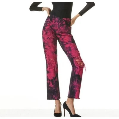 Alice + Olivia Genevieve Tie Dye Baggy Jeans Size 25 Black Pink Distressed - Image 1 of 4