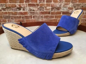 C Wonder Blue Suede Fringe Freida Slide Espadrille Wedge Sandals 7.5 New - Picture 1 of 3