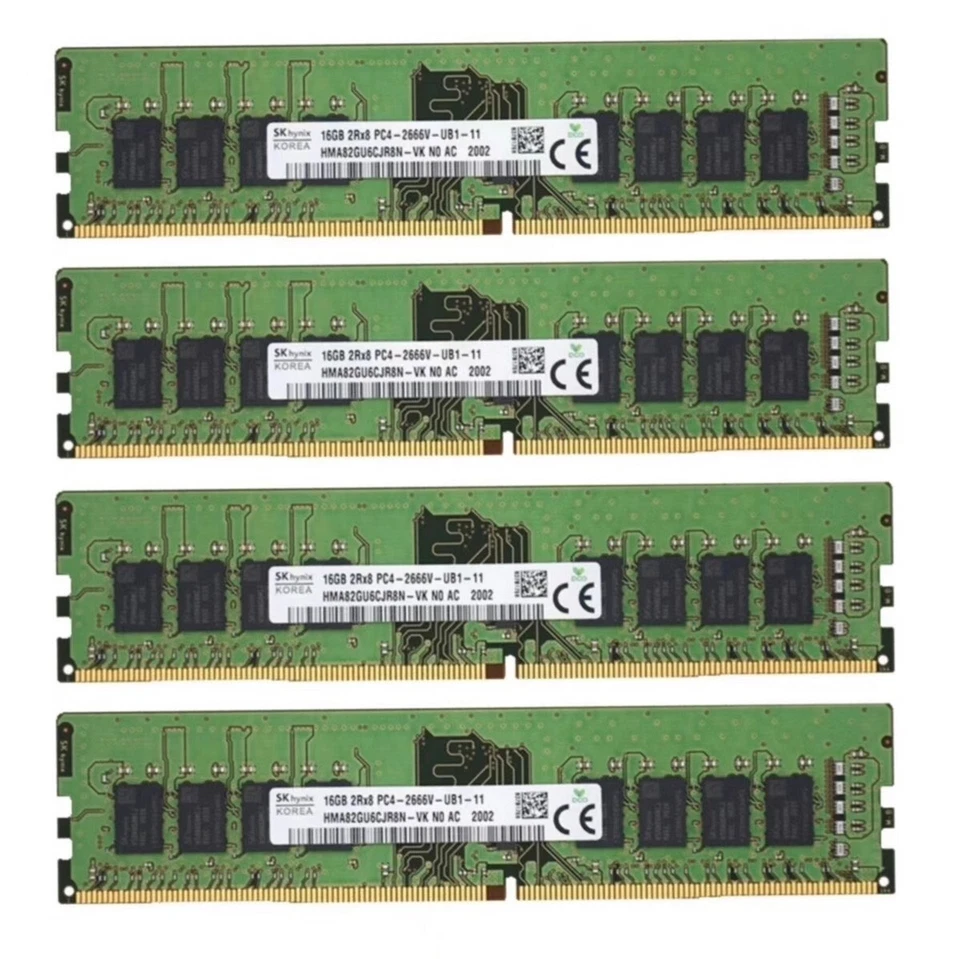 Hynix 64GB 4X16GB DDR4 2666MHz PC4-21300 2RX8 UDIMM Memory Ram HMA82GU6CJR8N-VK - Image 1 of 4
