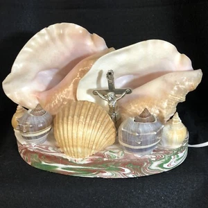 Vtg MCM Double Conch Shell Seashells TV Lamp Night Light Crucifix Plaster Base V - Picture 1 of 10