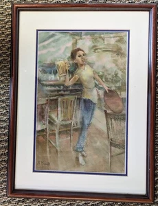 Painting R MILLER "Waitress" Watercolor Great for Kitchen or Dinning Room - Picture 1 of 2