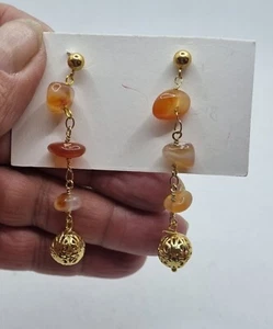 ORECCHINI PENDENTI dorati con corniole miele, parure completa - Foto 1 di 10