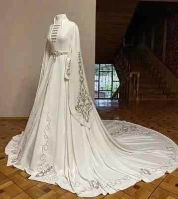Muslim Caucasus Wedding Dresses Long Sleeves High Neck Traditional Bridal Gowns - Image 1 of 4