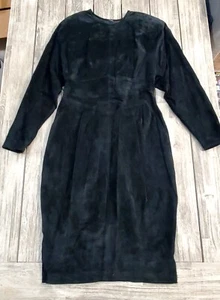 Schwarzes 90er Jahre Kleid Dana Brooke seidiges Schweinsveloursleder Größe 10 - gebraucht - Bild 1 von 18