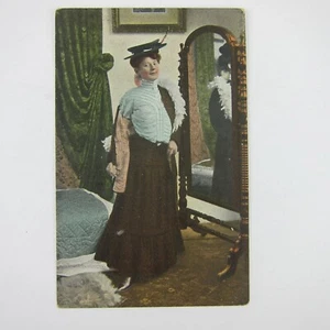 Postcard Risque French Woman Undressing in Front of Bedroom Mirror Antique - Picture 1 of 12