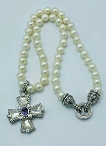 Judith Ripka Sterling Silver Amethyst MOP Cross Enhancer Magnetic Pearl Necklace - Picture 1 of 8
