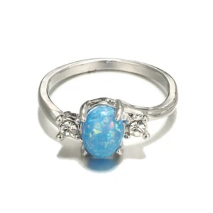 Anello In Acciaio Inox Placcato Argento 925, Con Simil Opale Blu, Size 10 - Foto 1 di 2