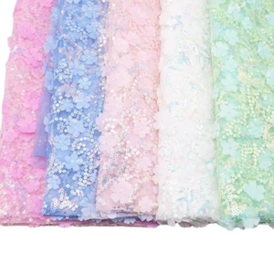 Tela de encaje de malla 3D bordado floral lentejuelas brillantes para vestido de boda costura hágalo usted mismo - Imagen 1 de 26