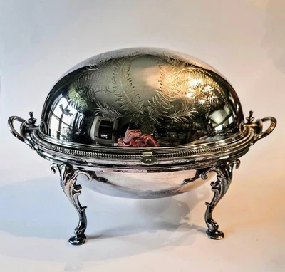 Antiguo helecho victoriano plateado cúpula con tapa enrollable servidor helecho grabado 4 patas Foto 1 de 4