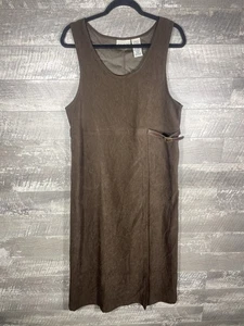 VTG Chocolate Brown Vegan Suede Buckle Jumper Midi Dress Size M Retro Fall Y2K - Picture 1 of 24