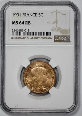 Francia 1901 5 céntimos NGC MS 64 RB se ve rojo Foto 1 de 4