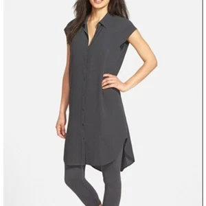 Eileen Fisher XS schwarz 100% Seide Knopfleiste Tunika Shirt Kleid - Bild 1 von 5