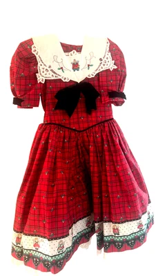 Vtg. Red Plaid Bunny Halo Holly Christmas Pinafore Dress Girl Size 6X-7 Handmade - Image 1 of 4