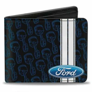 Buckle Down Ford Oval Stripe Piston Repeat Black Blue White Vegan Leather Wallet - Picture 1 of 3