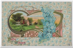 Vtg Postcard - Best Wishes with Scene and Blue Flowers 1911 - Picture 1 of 2