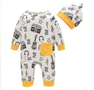 Rock N Roll Baby Boy Pajama 2Pcs Set Soft Jumpsuit Hat Outfit White 3-6 Months - Picture 1 of 4