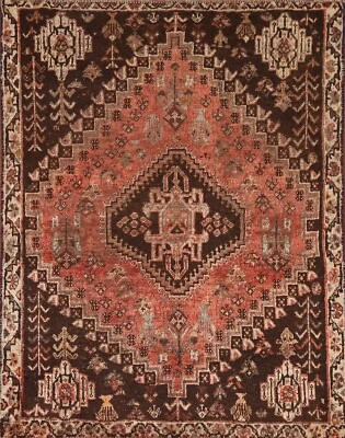 Antique Rug 4x5 ft.Geometric Qashqai Oriental Handmade Low Pile Wool Area Rug - Image 1 of 4