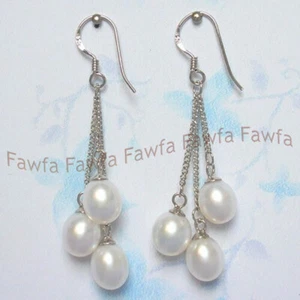 6-7 mm natürliche weiße Akoya Süßwasserperlen Ohrhänger Silber Haken Ohrringe - Bild 1 von 3