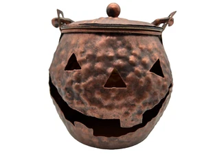 Halloween Jack 'O Lantern Hammered Metal Pumpkin Votive Candle Holder with Lid - Picture 1 of 9